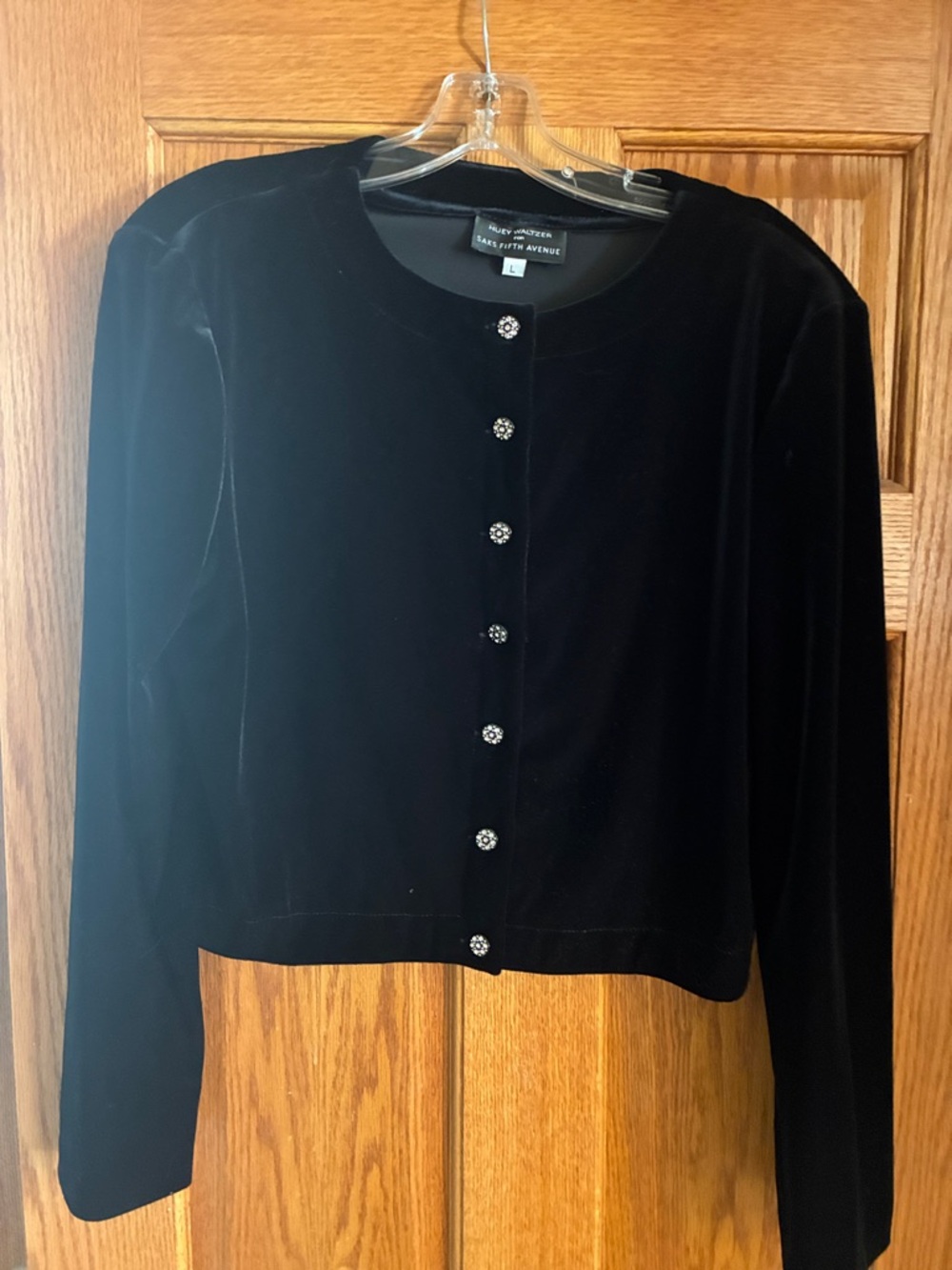 Huey Waltzer Saks Fifth Avenue Black Velvet Jeweled-Button Cardigan